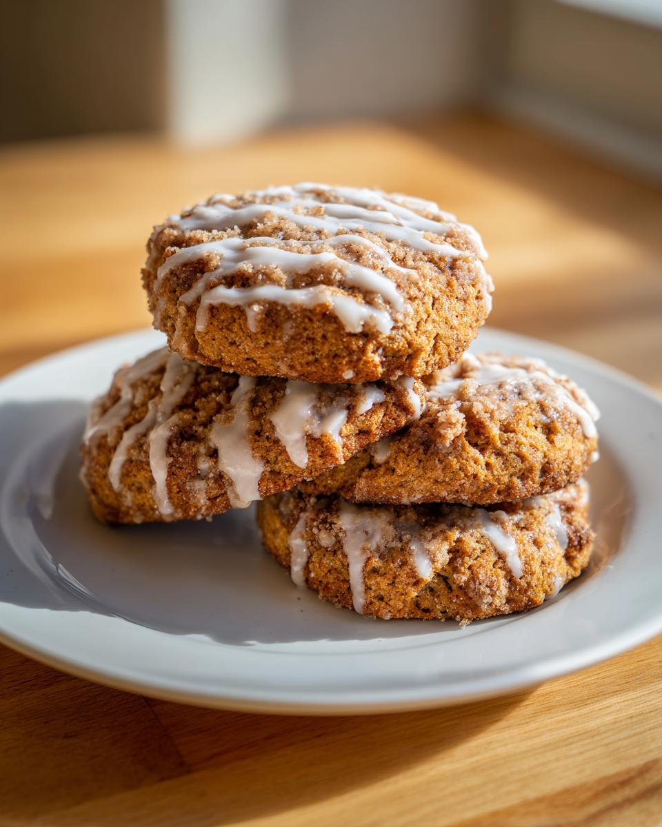 A stack of three delicious coffee cake cookies topped with cinnamon streusel and white glaze.