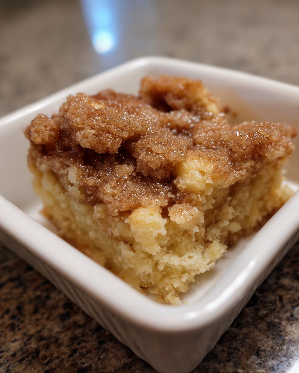 Close-up of a warm, gooey slice of snickerdoodle cobbler with a thick cinnamon-sugar topping in a small white serving dish.