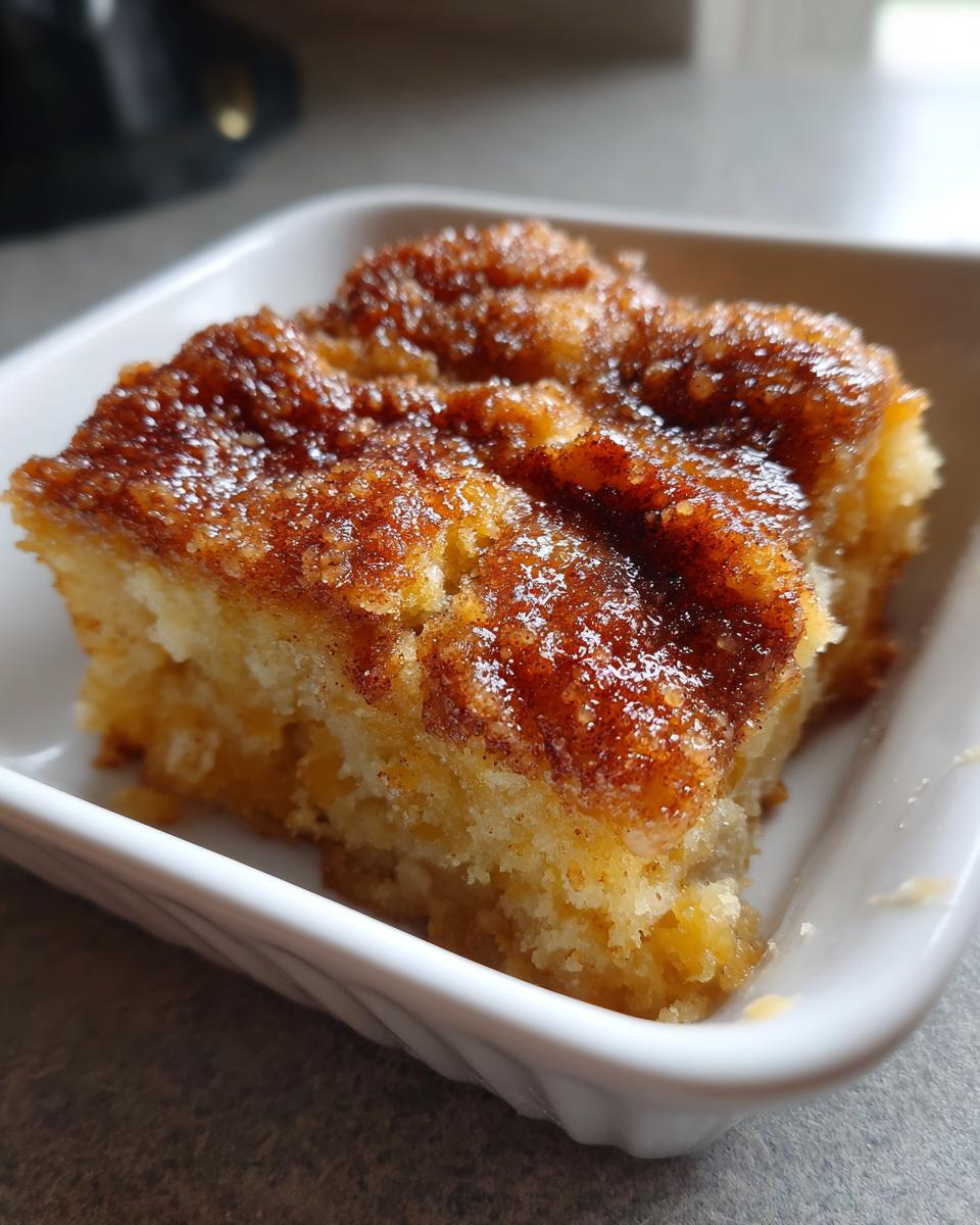 Close-up of a warm, gooey slice of snickerdoodle cobbler with a caramelized cinnamon-sugar topping.