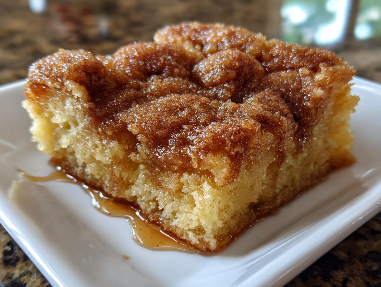 Close-up of a warm, gooey slice of snickerdoodle cobbler with a thick cinnamon-sugar topping on a white plate.
