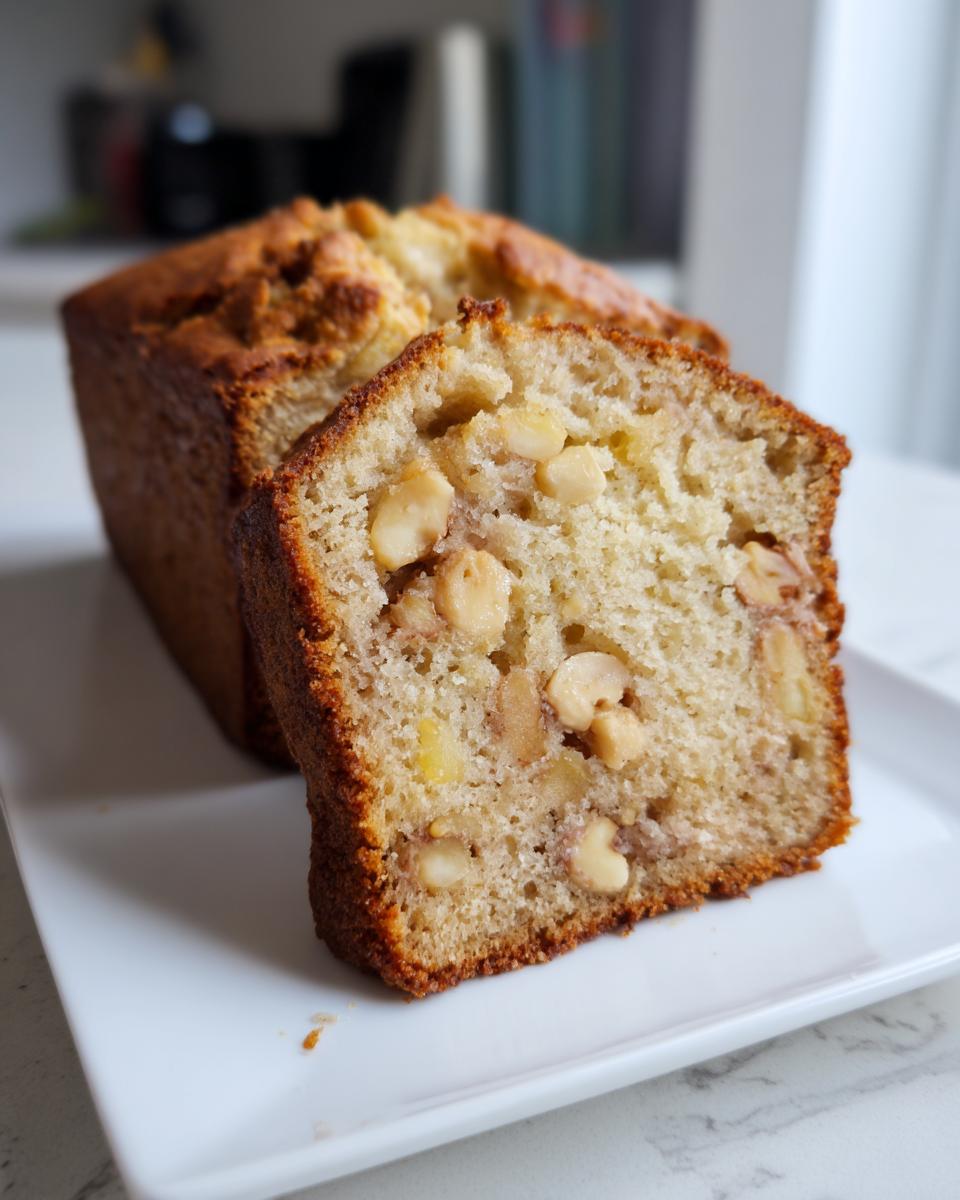 A close-up slice of moist Hawaiian banana bread studded with macadamia nuts, resting against the loaf.