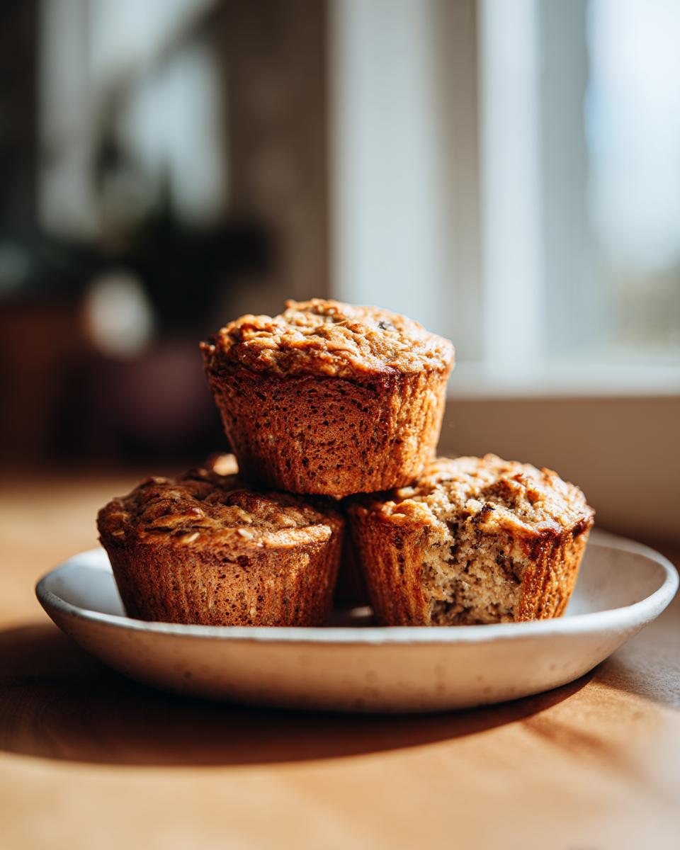 Three golden brown healthy greek yogurt banana muffins stacked on a small white plate, one has a bite taken out.
