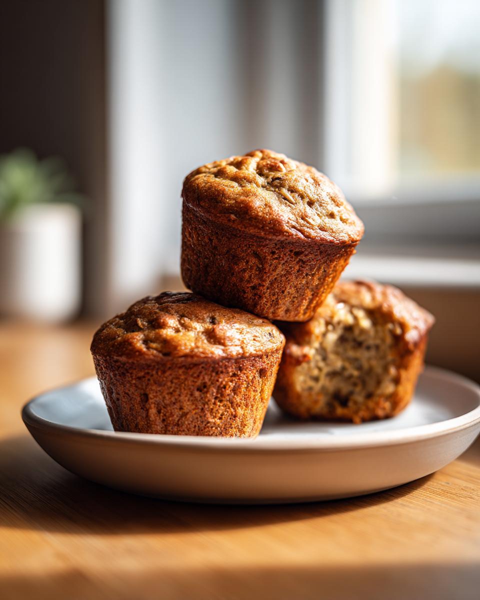 Three golden-brown healthy greek yogurt banana muffins stacked on a light plate, one showing the moist interior.