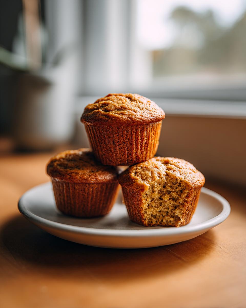 Three golden brown healthy greek yogurt banana muffins stacked on a small white plate, one has a bite taken out.