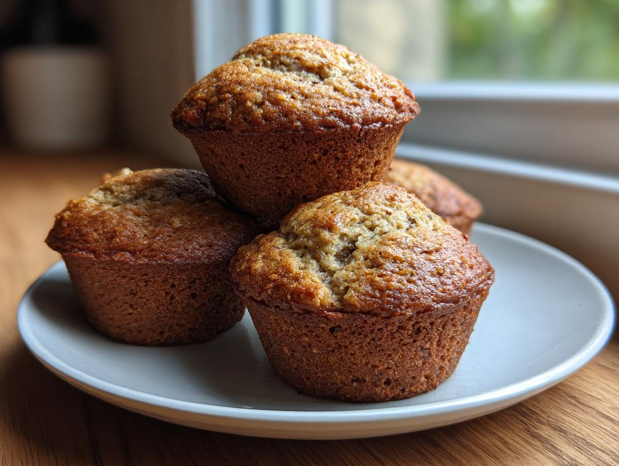 A stack of four freshly baked healthy greek yogurt banana muffins with golden brown tops on a light plate.