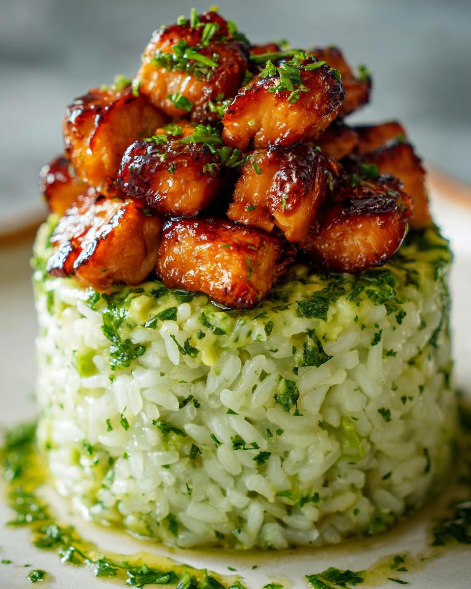 A perfectly stacked tower of avocado rice topped with glazed honey lime chicken pieces and fresh chives.