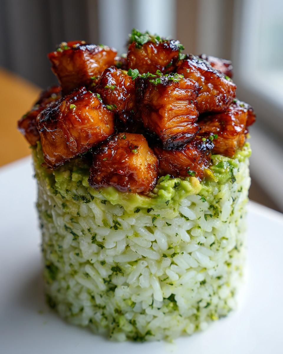 A perfectly molded stack of cilantro-lime rice topped with avocado mash and glazed honey lime chicken pieces.