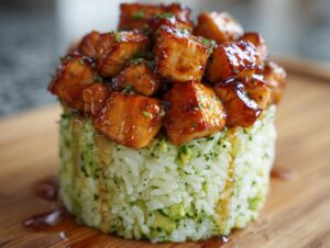 A perfectly molded stack of avocado rice topped with glazed honey lime chicken pieces.