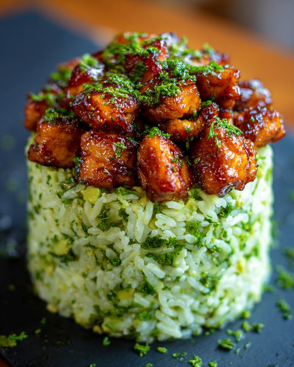 Close-up of a perfectly stacked honey lime chicken & avocado rice stack, topped with glazed chicken pieces.