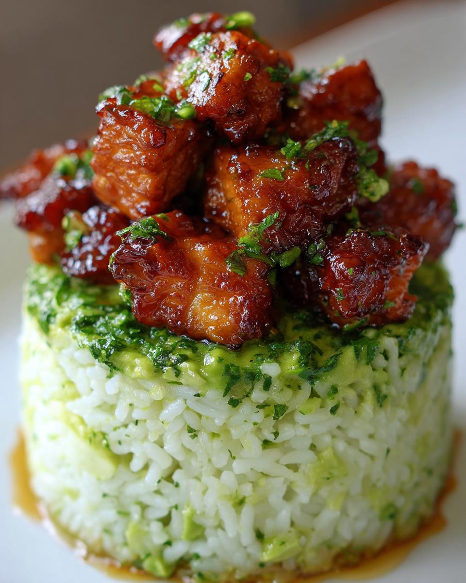 Close-up of a perfectly stacked honey lime chicken & avocado rice stack, featuring glazed chicken pieces over green rice.