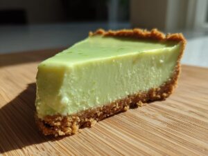 A close-up shot of a single, creamy slice of key lime cheesecake with a thick graham cracker crust.