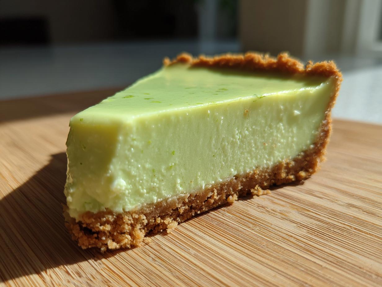 A close-up shot of a single, creamy slice of key lime cheesecake with a thick graham cracker crust.