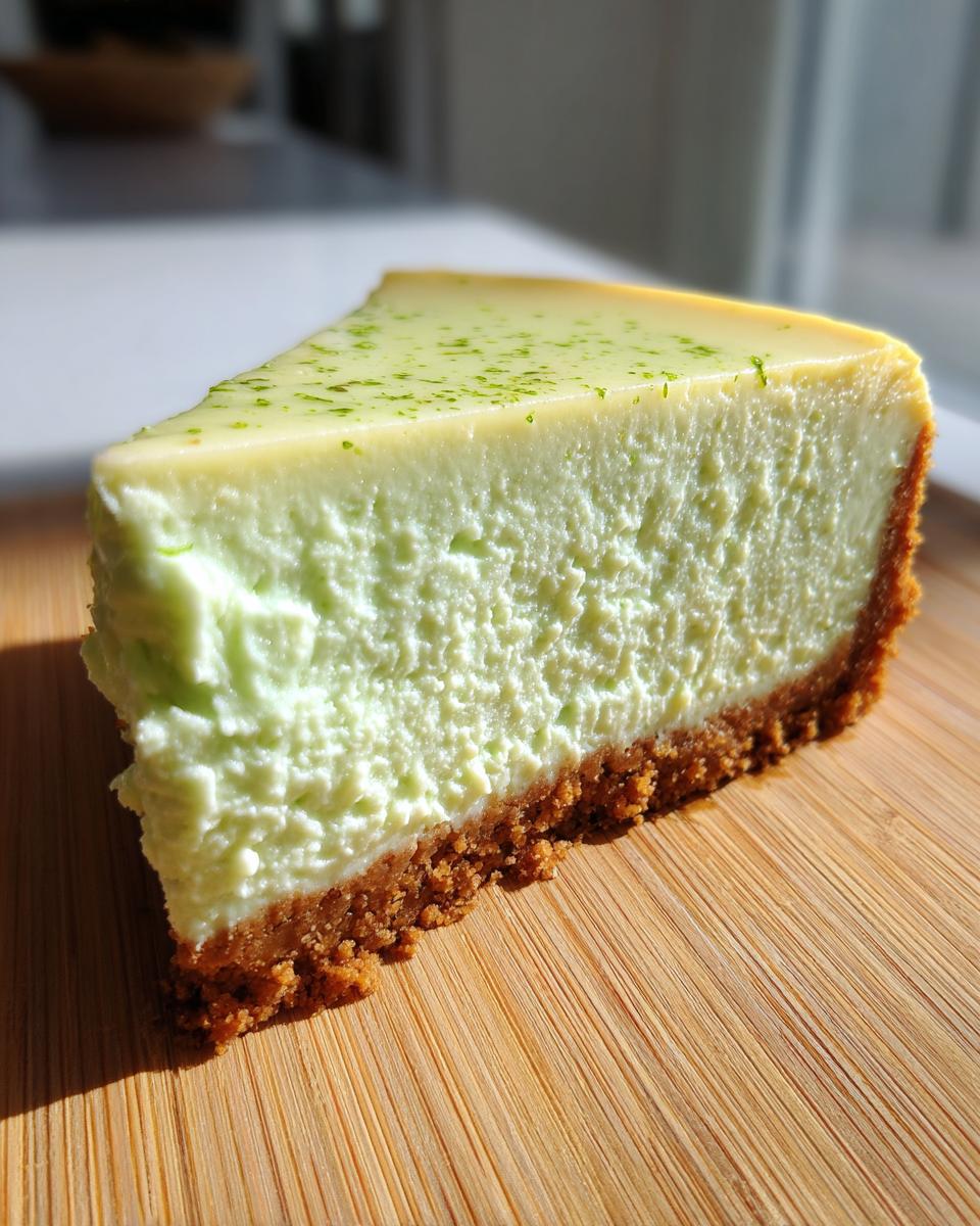 A close-up, sunlit slice of creamy key lime cheesecake with a graham cracker crust, topped with lime zest.