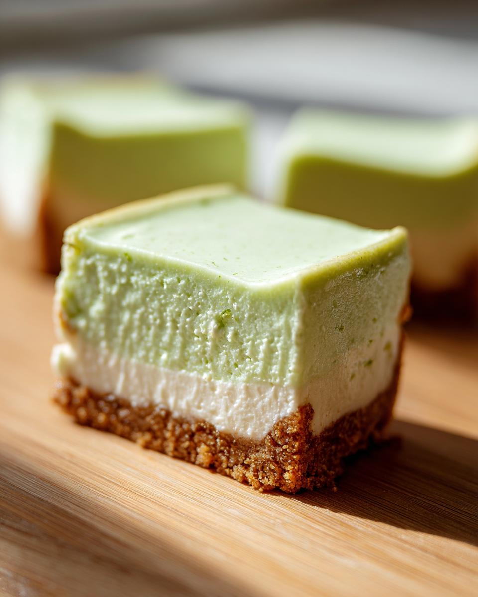 Close-up of a square slice of key lime cheesecake showing the graham cracker crust, white layer, and green lime topping.