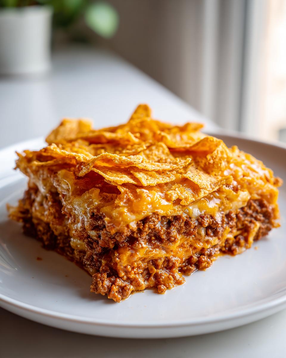 A thick, layered slice of Frito pie casserole featuring seasoned ground beef, cheese, and a crispy Fritos corn chip topping.