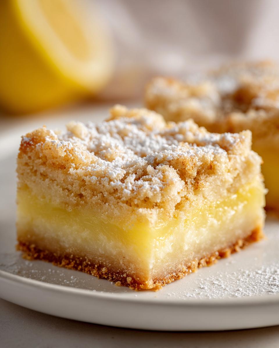 A close-up shot of a thick, square lemon crumb bars slice topped with powdered sugar on a white plate.