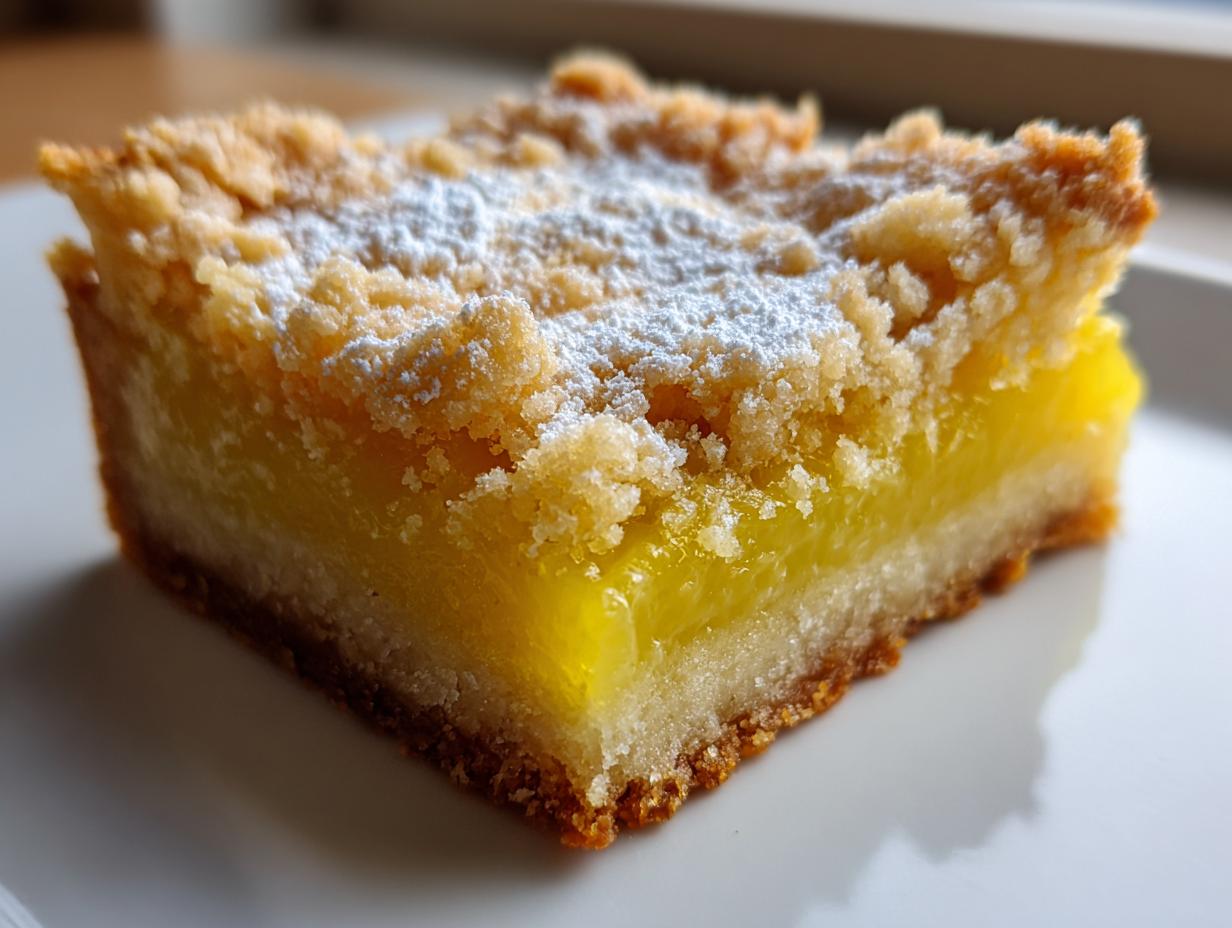 A close-up, macro shot of a single serving of lemon crumb bars, showing the thick, bright yellow lemon filling and crumbly topping dusted with powdered sugar.