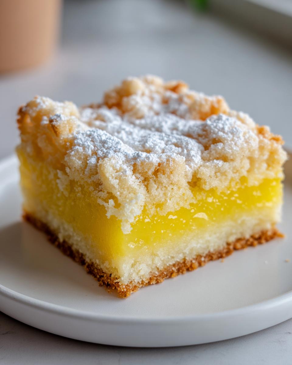 Close-up of a single square of lemon crumb bars with a thick, bright yellow filling and crumbly topping dusted with powdered sugar.