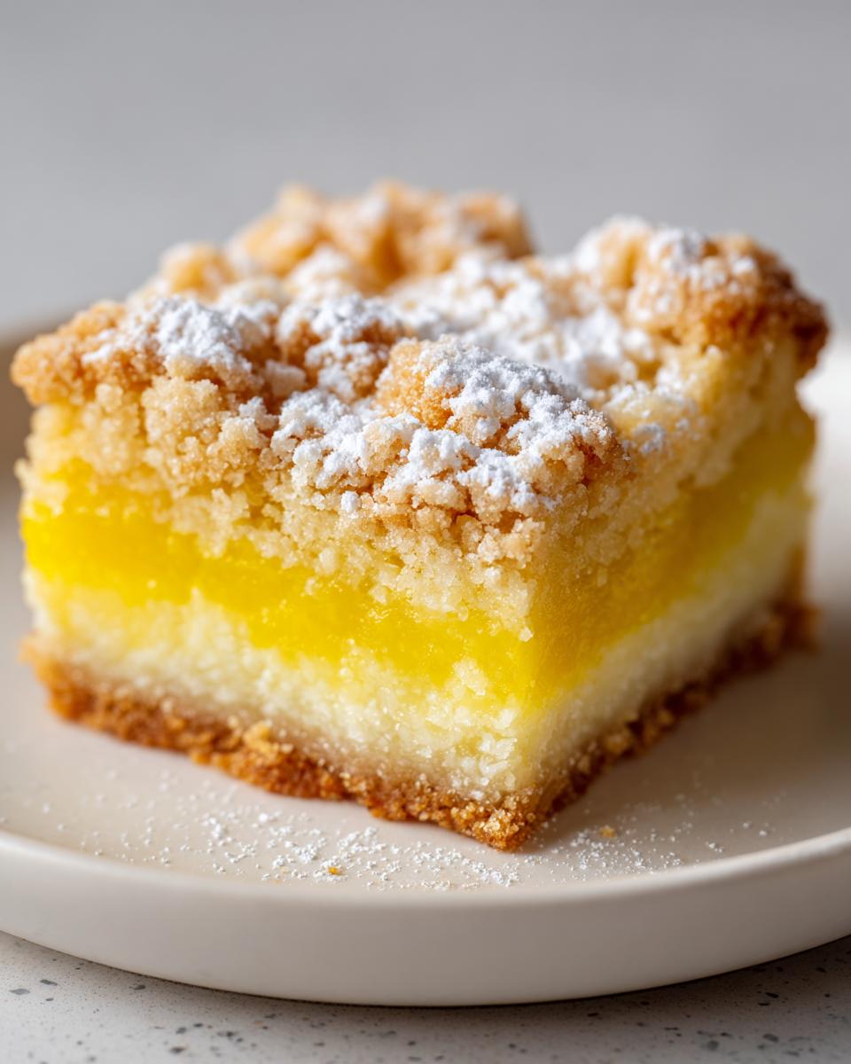Close-up of a single, thick slice of lemon crumb bars with a bright yellow filling and crumb topping dusted with powdered sugar.