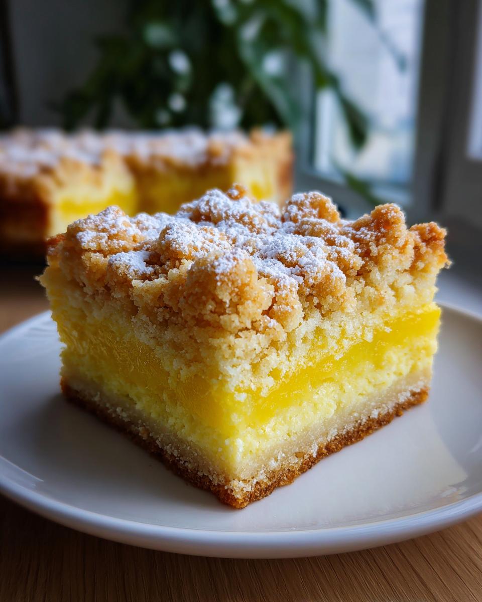 A close-up of a square lemon crumb bars slice with a thick, bright yellow filling and crumb topping dusted with powdered sugar.