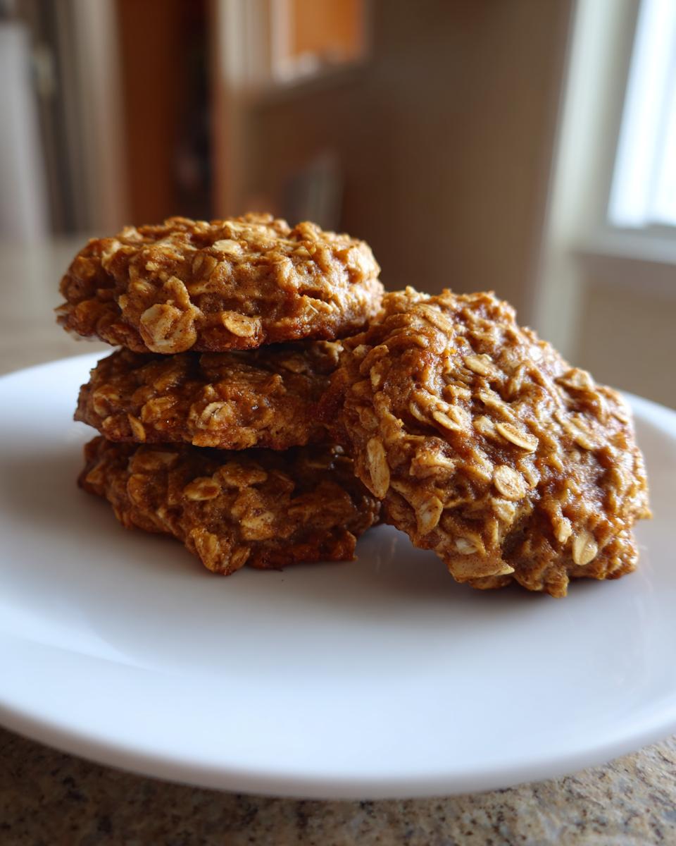 A stack of four chewy low sugar applesauce oatmeal cookies resting on a white plate.