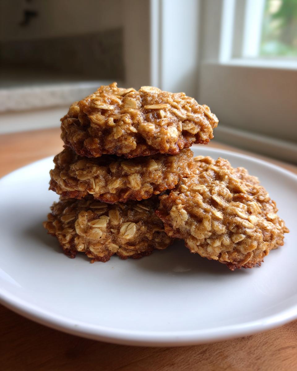 A stack of four golden brown low sugar applesauce oatmeal cookies piled on a white plate.