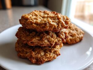 A stack of three golden brown low sugar applesauce oatmeal cookies on a white plate.