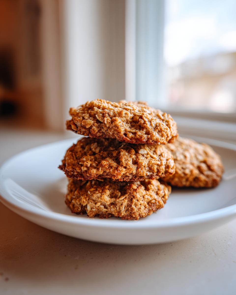 A stack of three golden brown low sugar applesauce oatmeal cookies resting on a white plate near a bright window.