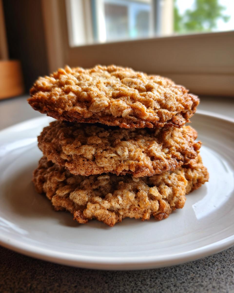Three chewy low sugar applesauce oatmeal cookies stacked on a white plate.
