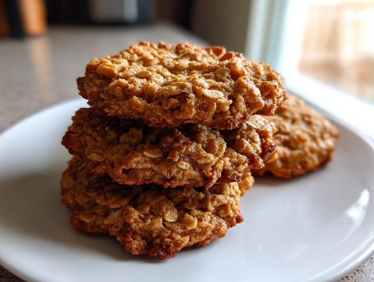 A stack of three golden brown low sugar applesauce oatmeal cookies on a white plate.