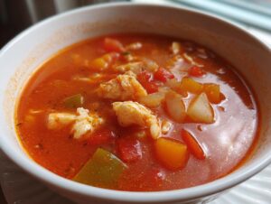 Close-up of a white bowl filled with rich, red Maryland crab soup featuring chunks of crab meat and vegetables.
