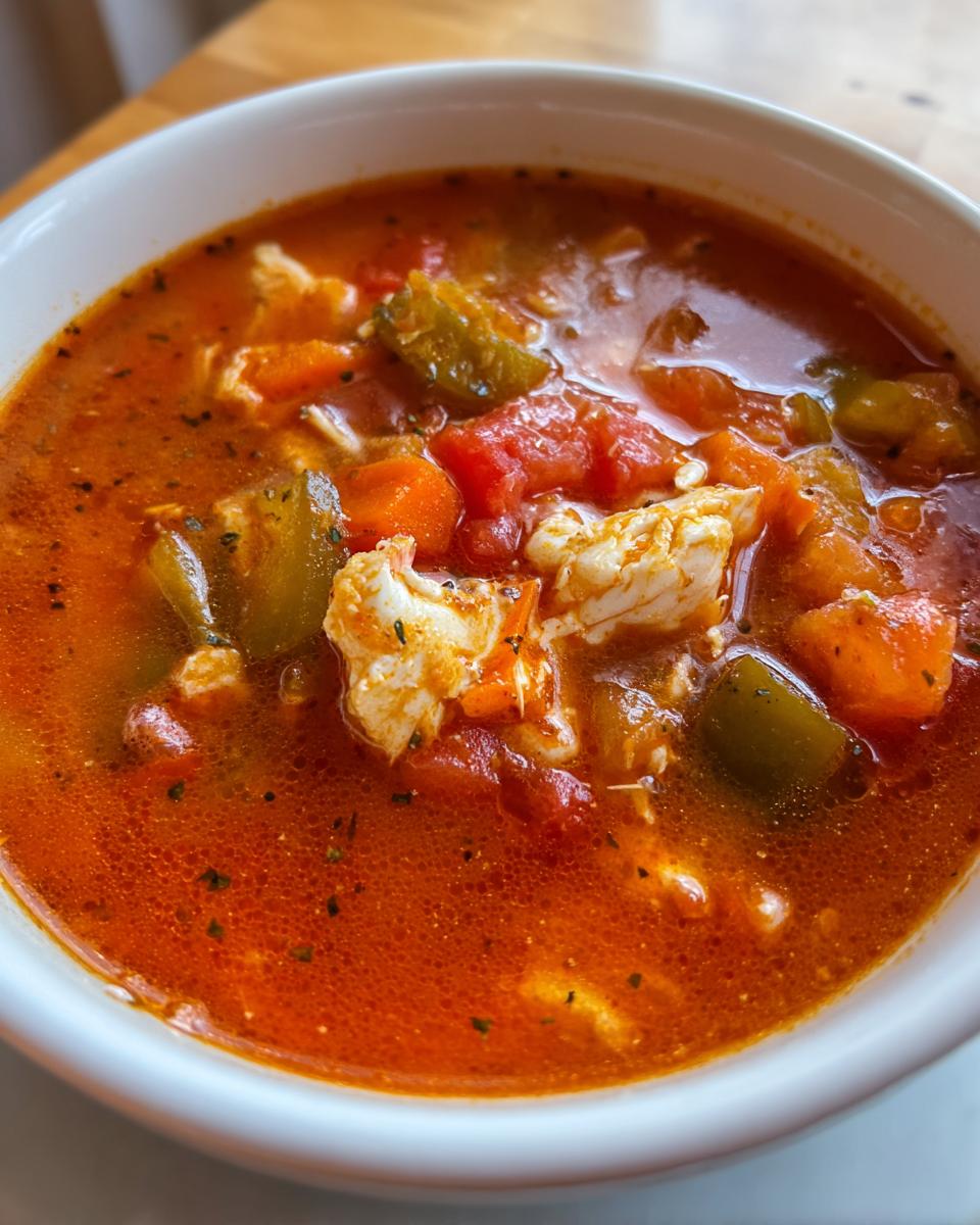 Close-up of a white bowl filled with rich, red maryland crab soup featuring chunks of crab meat, tomatoes, and green peppers.