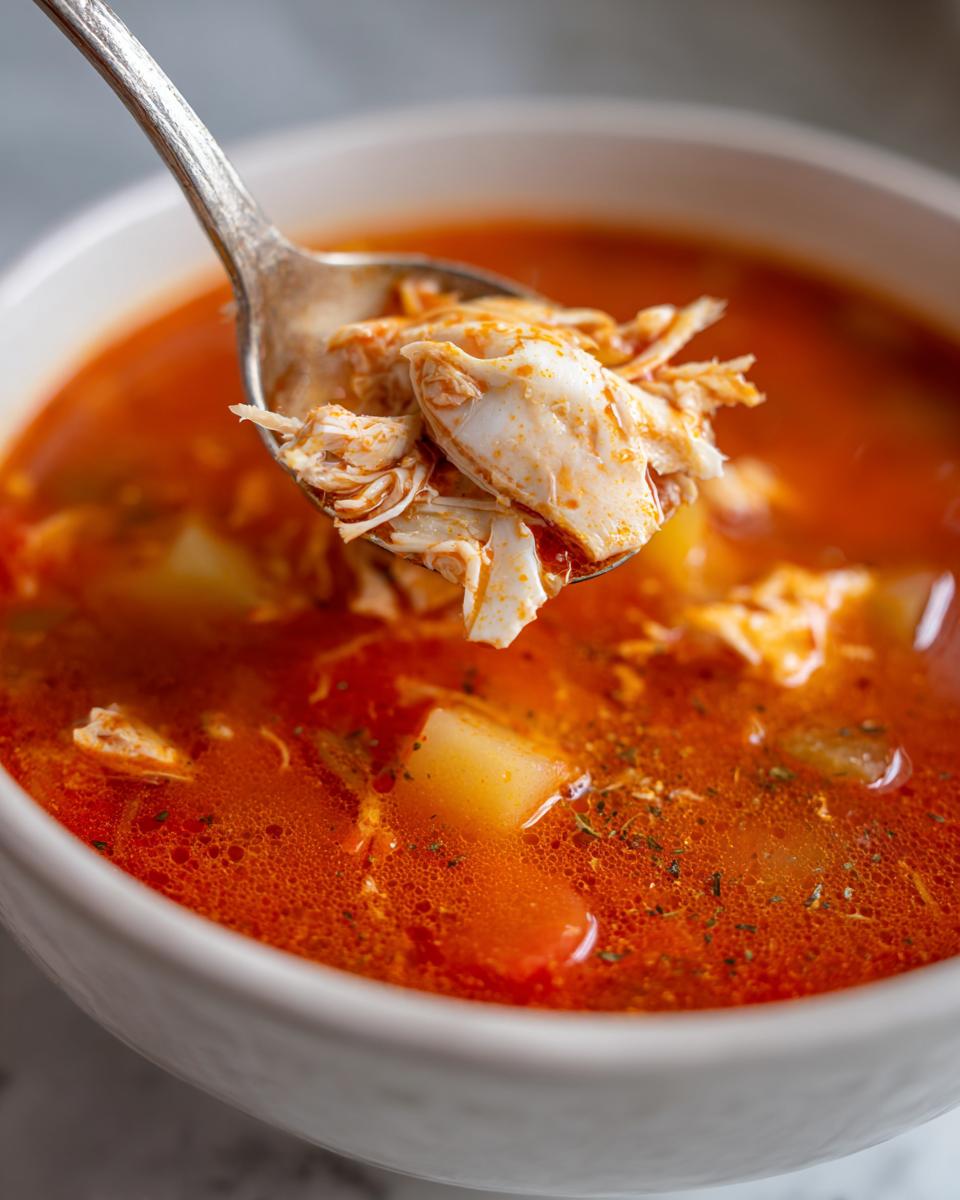 A spoonful of flaky crab meat lifted from a bowl of rich, red maryland crab soup containing potatoes.