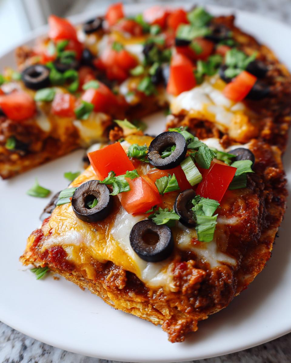 A close-up of a slice of homemade mexican pizza topped with melted cheese, black olives, diced tomatoes, and green onions.