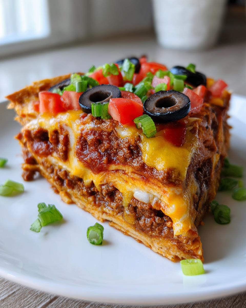 A thick slice of layered mexican pizza topped with melted cheese, tomatoes, black olives, and green onions.