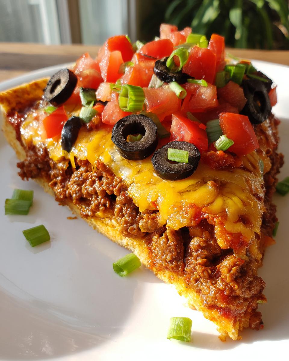 A close-up slice of Mexican pizza featuring a thick layer of seasoned beef, melted cheddar cheese, diced tomatoes, black olives, and green onions.