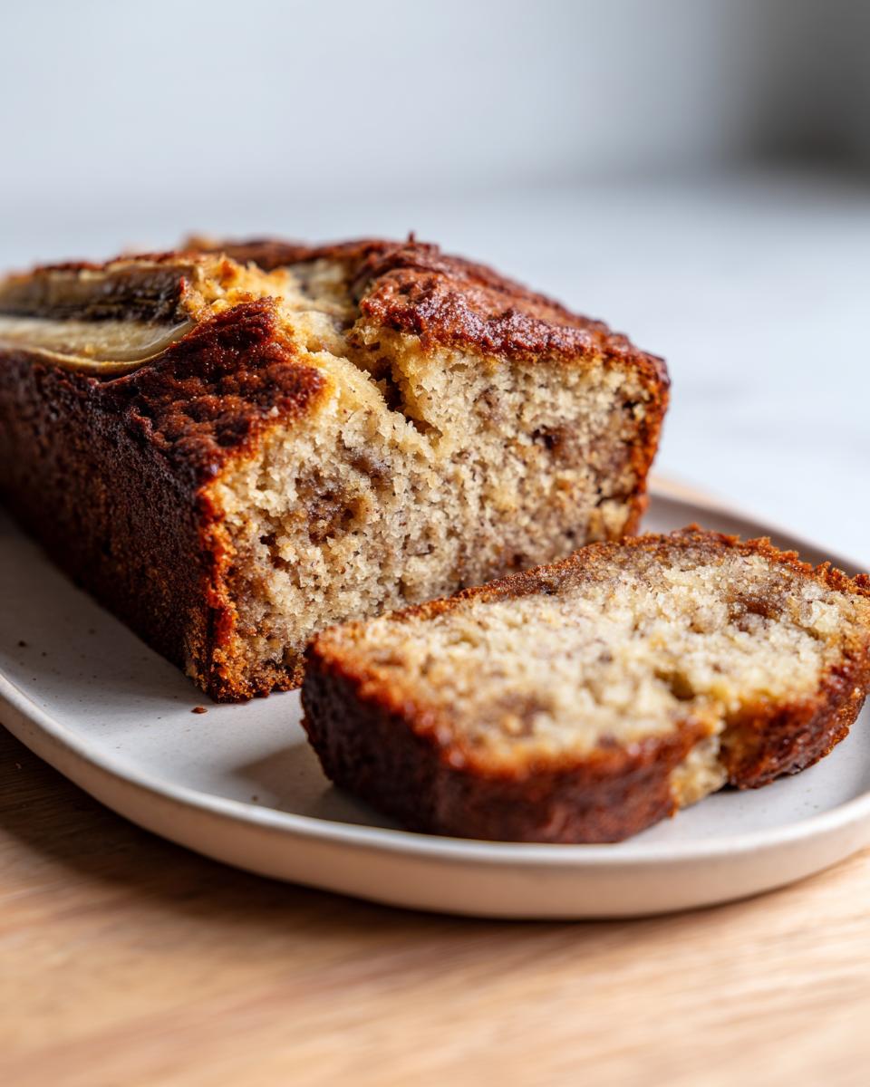 A close-up of a moist greek yogurt banana bread loaf, partially sliced on a light plate.