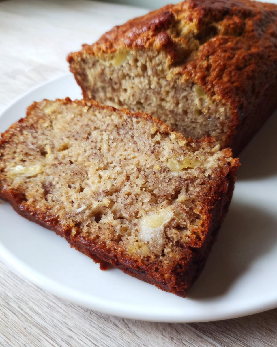 Close-up of a moist slice of greek yogurt banana bread next to the rest of the loaf on a white plate.