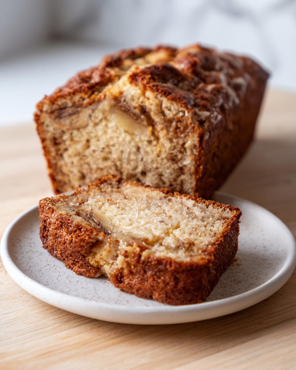 A moist slice of greek yogurt banana bread resting on a speckled white plate, with the rest of the loaf blurred in the background.