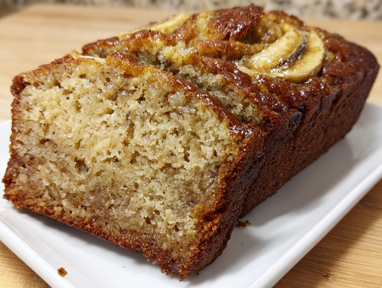 Close-up of a moist slice of freshly baked greek yogurt banana bread with a caramelized banana topping.