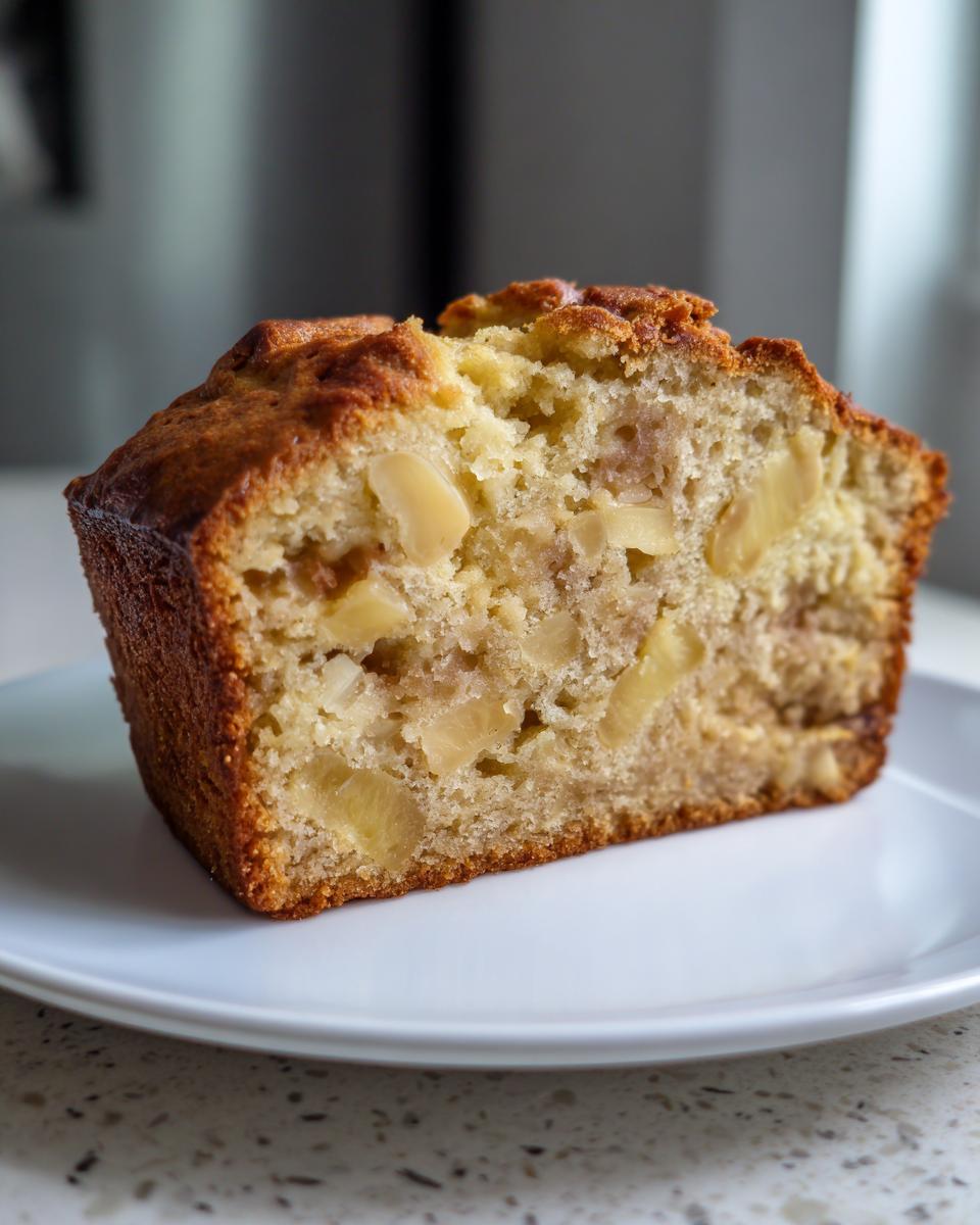 Cross-section view of a slice of moist hawaiian banana bread, showing chunks of banana and macadamia nuts.