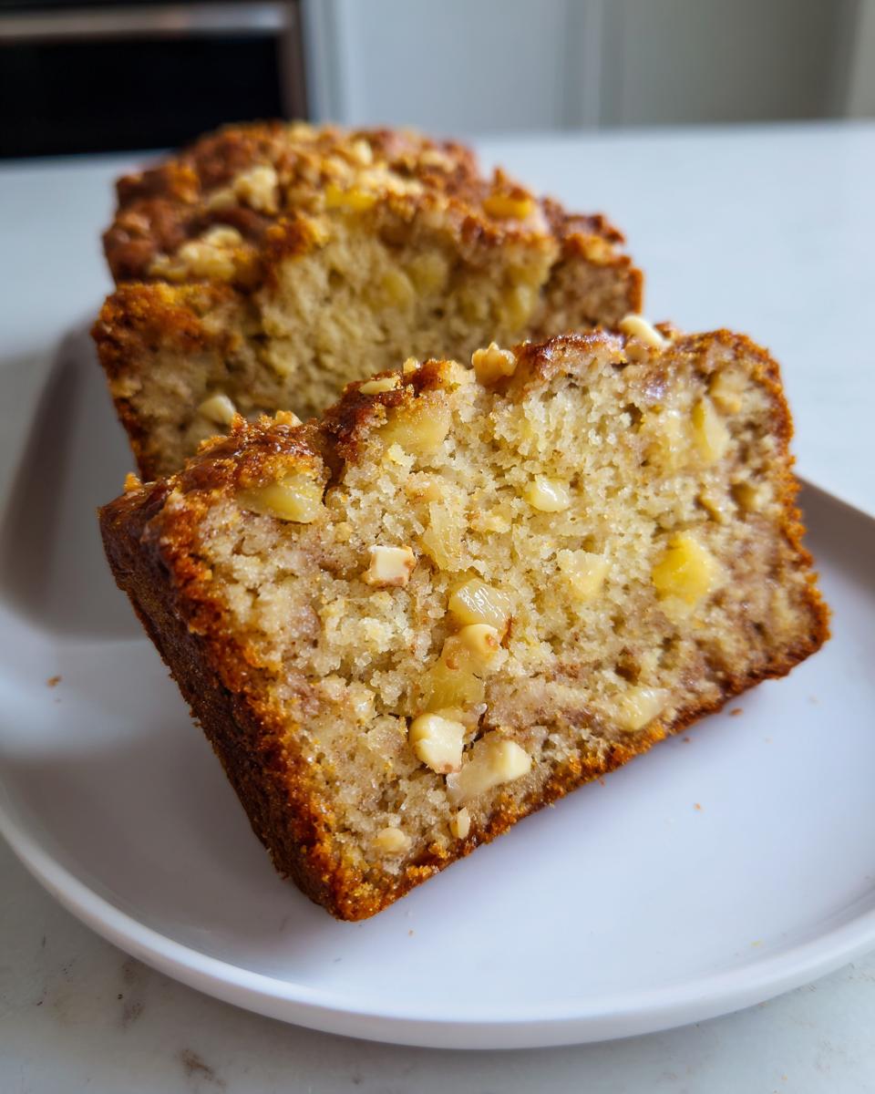 Close-up of two slices of moist hawaiian banana bread, showing visible chunks of nuts and a golden-brown crust.