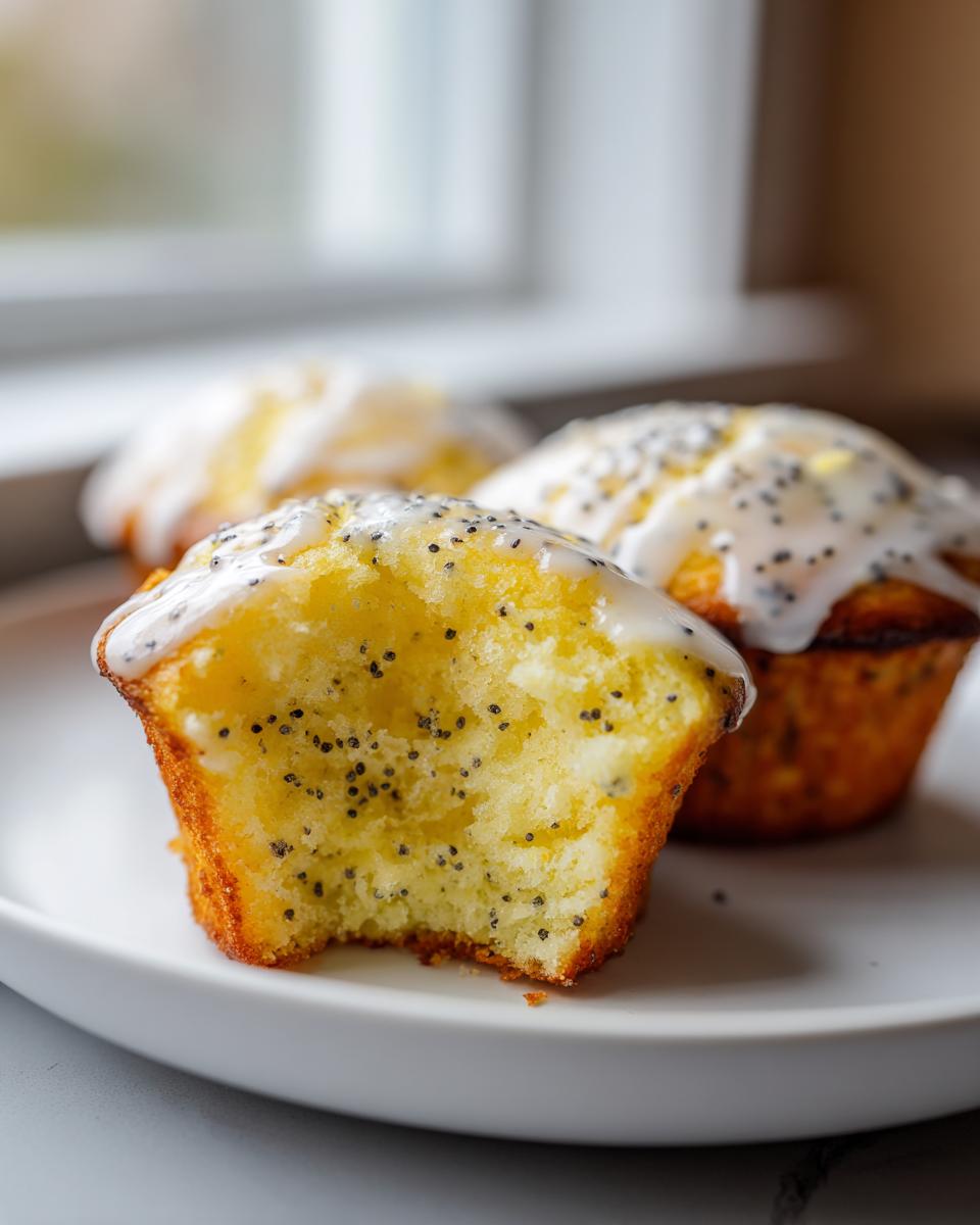 Close-up of a bitten lemon poppy seed muffin showing its moist interior and lemon glaze topping.
