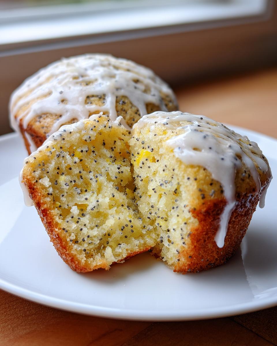 A lemon poppy seed muffin cut in half showing the moist interior texture, topped with a white lemon glaze.