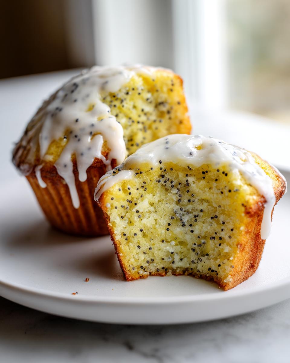 Close-up of a moist lemon poppy seed muffin cut in half showing the texture and poppy seeds, topped with white lemon glaze.