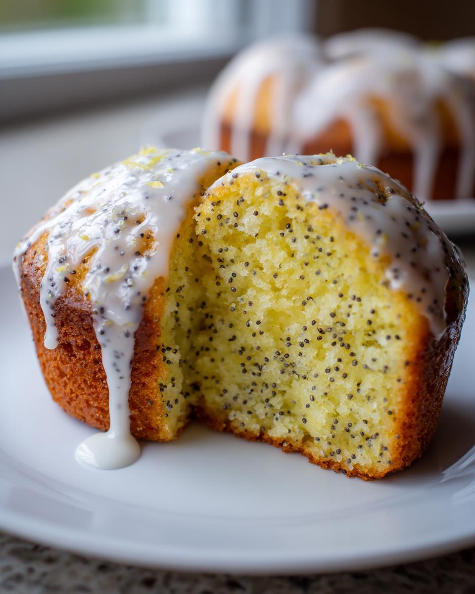 A lemon poppy seed muffin cut in half showing moist texture and poppy seeds, topped with dripping lemon glaze.