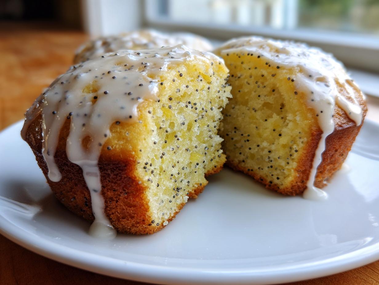 Close-up of two moist lemon poppy seed muffins, one cut in half, topped with a thick, dripping lemon glaze.