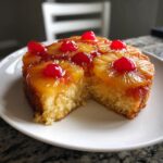 A moist slice removed from a homemade pineapple upside down cake topped with caramelized pineapple rings and maraschino cherries.