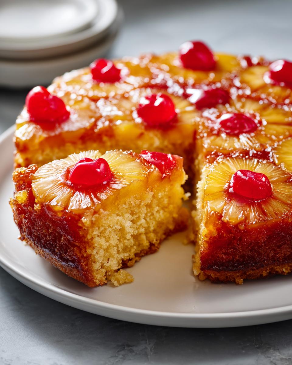 A slice cut from a moist pineapple upside down cake topped with caramelized pineapple rings and maraschino cherries.