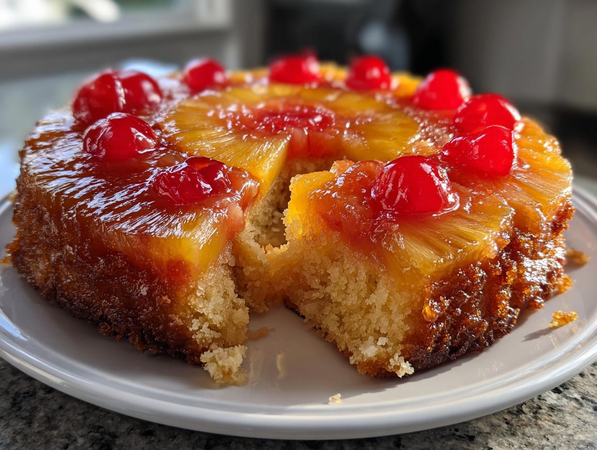 A moist slice removed from a whole pineapple upside down cake topped with caramelized pineapple rings and maraschino cherries.
